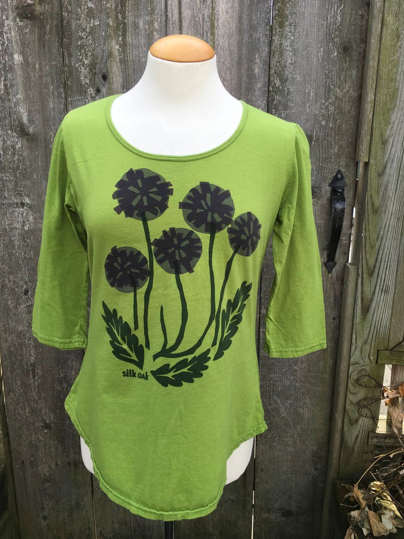 Women's 3/4 Sleeve Scoop Neck Purple Flowers on a Lime Green Tunic Tee image 1