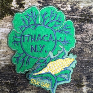 May include: Green felt patch with an embroidered tree and the text "ITHACA N.Y." inside a circle. A yellow and blue corn cob is embroidered below the tree. The text "SILK OAK" is embroidered at the bottom of the patch.