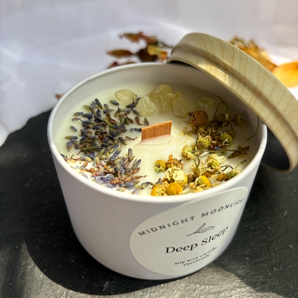 Vela de sueño profundo con lavanda y manzanilla, vela de cera de soja con mecha de madera