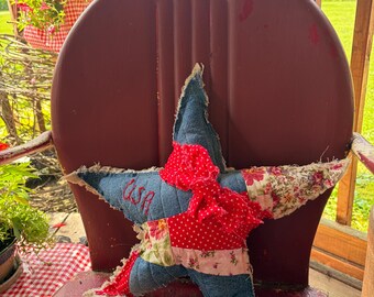 Handmade Primitive Americana Star Pillow | Rustic Denim Patriotic Decor | Farmhouse Fourth of July Decoration | Country Cottage Folk Art