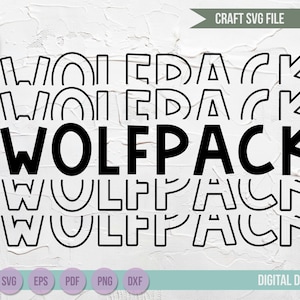 Puede incluir: Un diseño digital con la palabra "WOLFPACK" en negrita, en negro, repetida varias veces. El diseño incluye el texto "CRAFT SVG FILE" y "DIGITAL DOWNLOAD". El diseño también incluye el texto "SVG EPS PDF PNG DXF". El diseño está sobre un fondo blanco texturizado.
