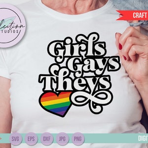 Pride SVG, Girls Gays Theys Pride Rainbow Retro Stacked words, LGBTQ Pride Inclusive, Cut file, laser file, and sublimation file