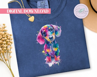 Neon Watercolor Dachshund PNG, Colorful Doxie Shirt Graphic, Wiener Dog Sublimation Design
