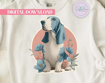 Basset Hound PNG, Blue Floral Hound Clipart