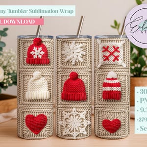 May include: Three 20oz skinny tumbler sublimation wraps with a winter theme. Each tumbler features a knitted design with red hats, snowflakes, and hearts. The tumblers have stainless steel straws.
