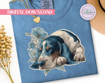 Sleepy Basset Hound PNG, Blue Floral Dog Shirt Graphic, Cozy Cottagecore Pet Design