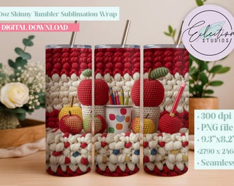 Crochet Teacher Apples Tumbler Wrap | Handmade Yarn Classroom PNG | Cozy Chunky Knit Apple Seamless Sublimation Design