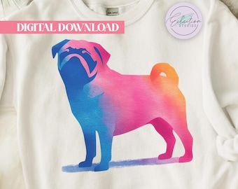 Watercolor Pug PNG, Colorful CMYK Gradient Dog Silhouette, Pug Lover Shirt Design