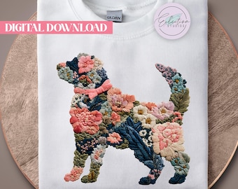 Floral Golden Retriever PNG, Embroidered Retriever Bow Shirt Design, Dog Mom Graphic