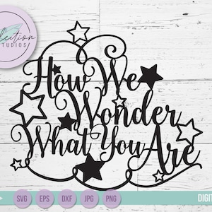 Cómo nos preguntamos qué eres con estrellas, baby shower SVG, nuevo bebé, adorno para tarta de revelación de género, bebé Twinkle Little Star SVG, archivo SVG de Word Art