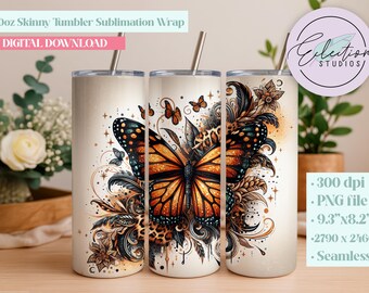 Leopard Monarch Butterfly Tumbler Wrap | Boho Glam Butterfly Seamless Sublimation PNG | Orange Black Grunge Nature Design