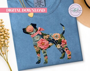 Floral Pitbull PNG, Embroidered Pit Bull Bow Shirt Design, Dog Mom Graphic
