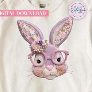 May include: White sweatshirt with a bunny face design. The bunny has purple ears with floral fabric accents, round glasses, and a floral crown. The text "DIGITAL DOWNLOAD" is in a pink rectangle. A circular logo reads "Collection Studios".