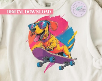 Skateboard Dachshund PNG, Retro Wiener Dog Shirt Graphic, Neon Skater Dog Design