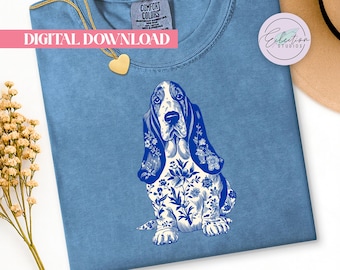 Grandmillennial Toile Basset Hound PNG, Blue Floral Dog Shirt Graphic, Chinoiserie Pet Design