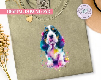 Neon Watercolor Basset Hound PNG, Colorful Basset Shirt Graphic, Dog Lover Sublimation Design