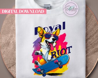 Royal Riot Corgi Skateboard PNG, Skating Neon Retro Skater Punk Rock Design,