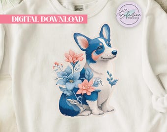Botanical Corgi PNG, Blue Floral Dog Shirt Graphic, Soft Cottagecore Pet Design
