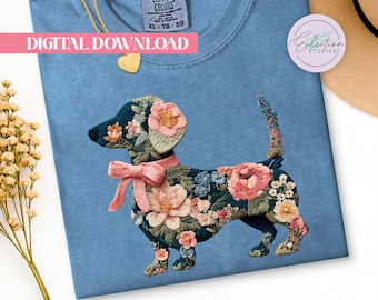 Botanical Dachshund PNG, Embroidered Floral Doxie Shirt, Weenie Dog Mom Design