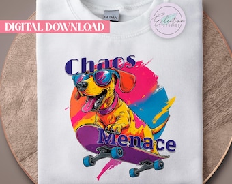 Chaos Menace Dachshund PNG, Skateboard Wiener Dog Shirt Graphic, Neon Retro Doxie Design