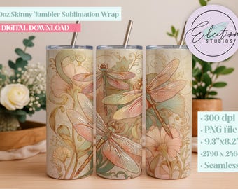 Rose Gold Fairy Wing Dragonfly Tumbler Wrap | Floral Seamless Sublimation PNG | Elegant Botanical Dragonfly Design