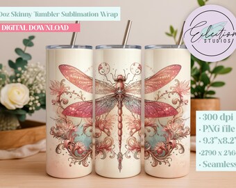 Rose Gold Fairy Jeweled Dragonfly Tumbler Wrap | Fantasy Seamless Sublimation PNG | Sparkle Filigree Dragonfly Design