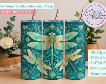 Emerald Garden Dragonfly Tumbler Wrap | Gold Sparkle Dragonflies Seamless Sublimation PNG | Teal Floral Fantasy Tumbler Design