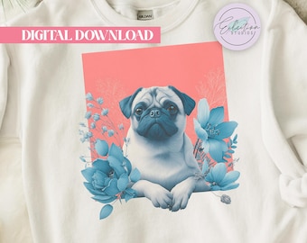 Retro Floral Pug Shirt PNG: Blue Botanical Coral Square Dog Portrait