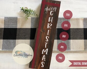 Merry Christmas SVG, Tall Porch Sign, Welcome Sign, Plaid lines, tartan, country sign cut file, grain sack modern farmhouse commercial,