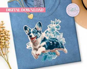 Leaping Corgi PNG, Blue Floral Dog Shirt Graphic, Playful Botanical Pet Design
