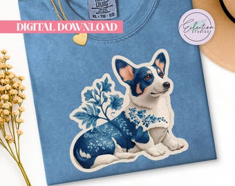 Grandmillennial Corgi PNG, Blue Floral Dog Shirt Graphic, Chinoiserie Pet Lover Design