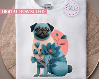 Patchwork Pug Shirt PNG: Retro Botanical Floral Dog Portrait