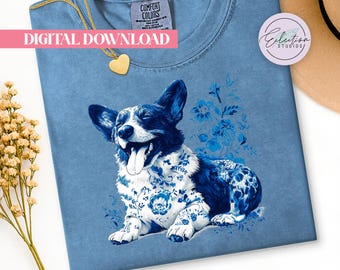Blue Toile Happy Corgi PNG, Floral Dog Shirt Graphic, Chinoiserie Pet Lover Design