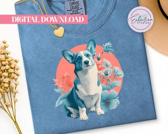 Retro Floral Corgi PNG, Blue Botanical Dog Shirt Graphic, Coral Sun Pet Design