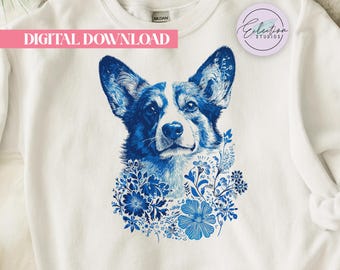 Blue Toile Corgi PNG, Floral Dog Shirt Graphic, Chinoiserie Pet Portrait Design