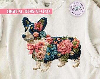 Botanical Corgi PNG, Embroidered Floral Dog Shirt, Corgi Mom Design
