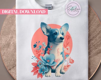 Retro Floral Corgi PNG, Coral Sun Dog Shirt Graphic, Blue Botanical Pet Design