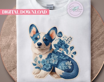 Boho Floral Corgi PNG, Blue Botanical Dog Shirt Graphic, Cottagecore Pet Lover Design