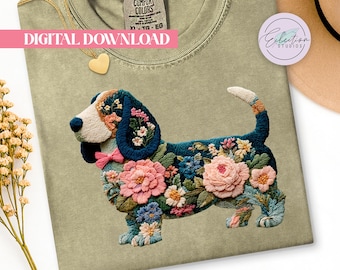 Botanical Basset Hound PNG, Embroidered Floral Dog Shirt, Dog Mom Design