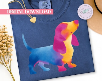 Watercolor Basset Hound PNG, Bright CMYK Gradient Dog Silhouette, Basset Lover Shirt Design