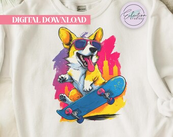 Skateboarding Corgi PNG, Retro Neon Dog Shirt Graphic, Funny Corgi Skater Design