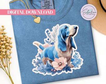 Floral Blue Basset Hound PNG, Boho Dog Shirt Graphic, Pastel Botanical Pet Design
