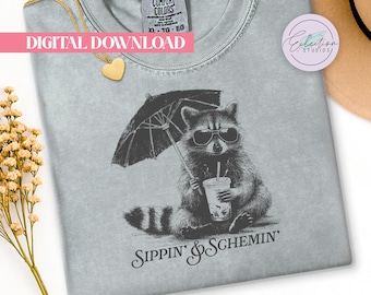 Sippin And Schemin Raccoon PNG, Umbrella Drink Shirt Graphic, Feral Trash Panda Design