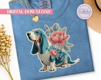 Pink Peony Basset Hound PNG, Floral Dog Shirt Graphic, Teal Cottagecore Pet Design