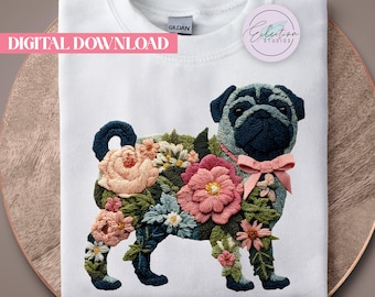Botanical Pug PNG, Embroidered Floral Pug Shirt, Spring Dog Mom Design