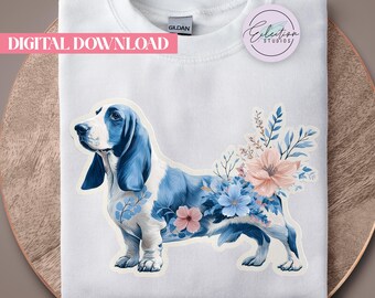 Boho Floral Basset Hound PNG, Blue Basset Shirt Graphic, Girly Dog Mama Sublimation