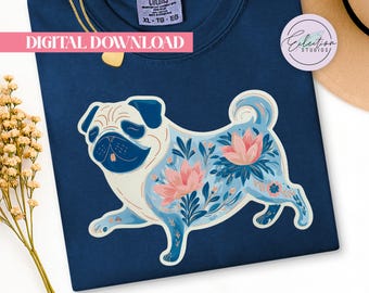 Chinoiserie Dancing Pug Shirt PNG: Blue Floral Dog Portrait