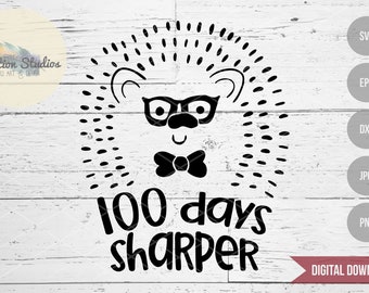 100 Days of School SVG, Hedgehog 100 days Sharper, Nerd Geek Smarty Pants, commercial and personal use SVG digital download, hand drawn