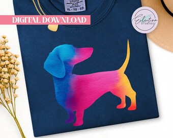 Watercolor Dachshund PNG, Bright Gradient Doxie Silhouette, Wiener Dog Shirt Design