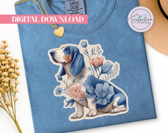 Chinoiserie Basset Hound PNG, Blue Floral Dog Shirt Graphic, Grandmillennial Dog Design